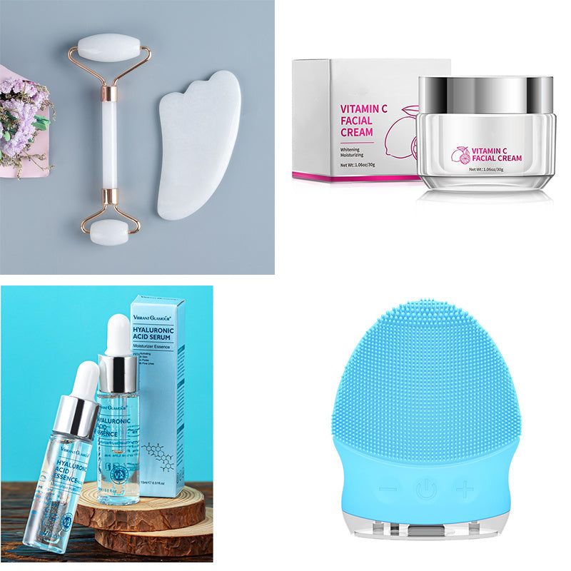 Collage of skincare products including a roller, gua sha tool, cream jars, serum bottles, and a cleansing brush.