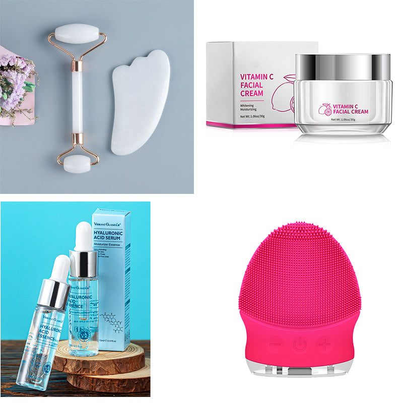 Collage of skincare products including a roller, gua sha tool, cream jars, serum bottles, and a pink device on a blue and gray gradient background.
