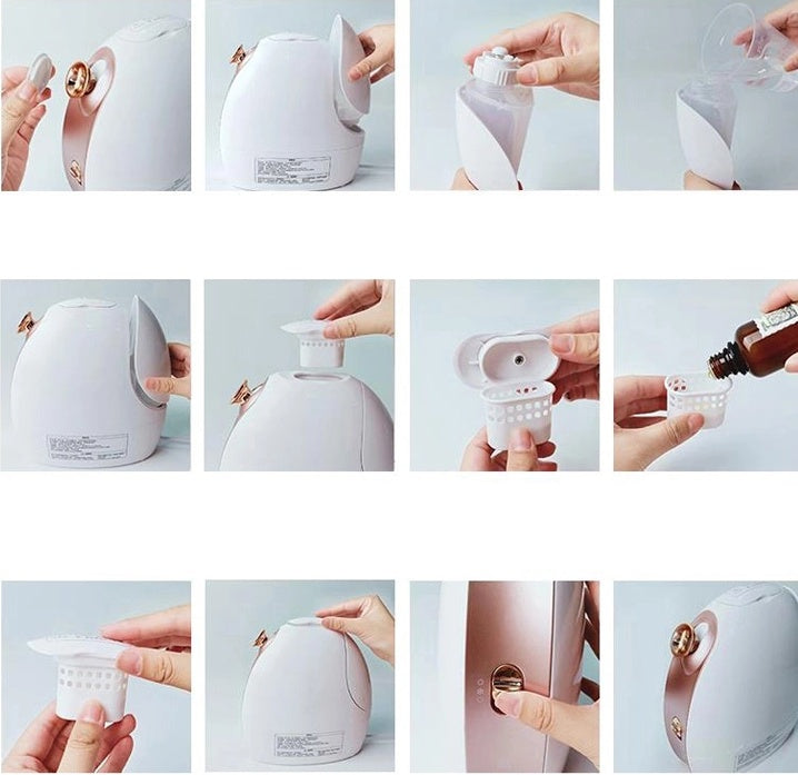 Step-by-step assembly or use of a white electronic device with various components.