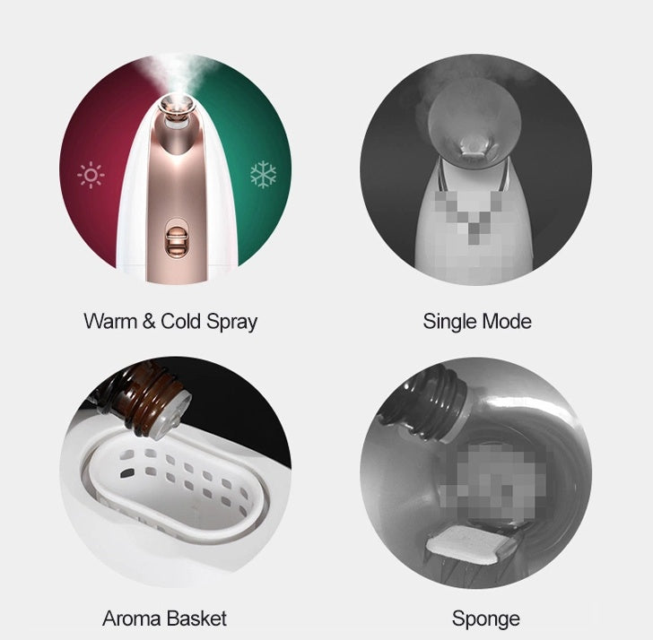 Product features including warm & cold spray, single mode, aroma basket, and sponge on a white background.