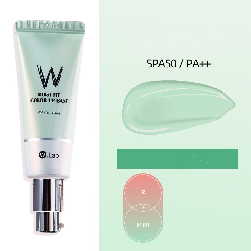 W Lab moist fit color up base cream with SPF50+/PA++ on a light green background