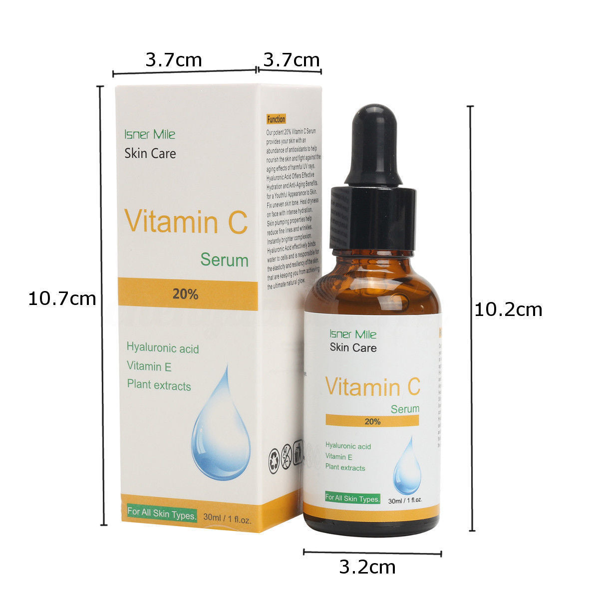 Vitamin C serum packaging with dropper bottle and box, showing dimensions on a white background.