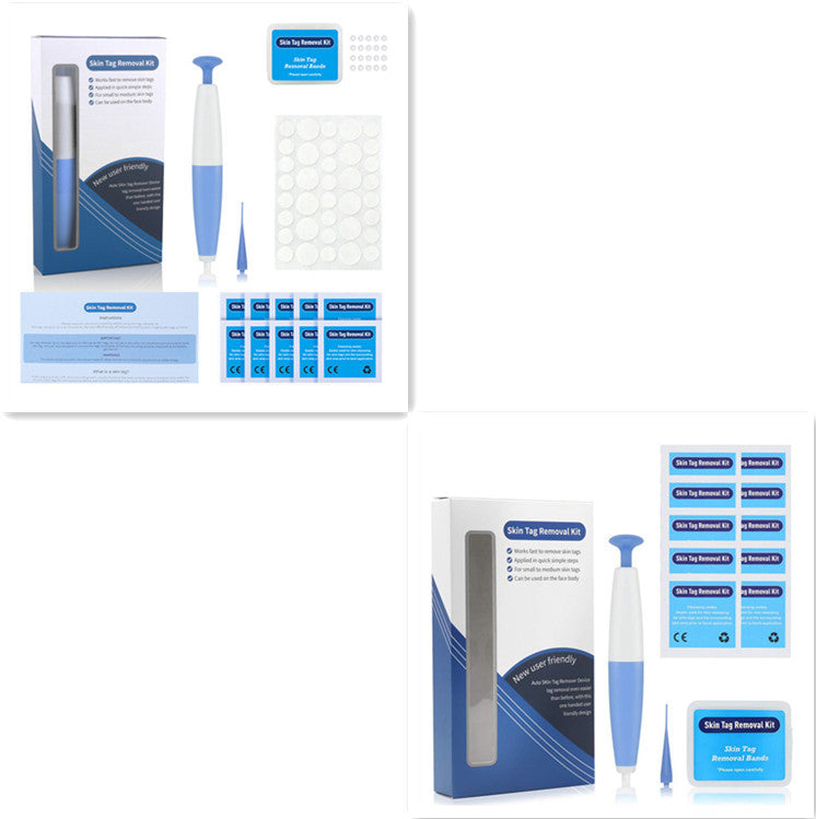 Skin tag removal kit with tools and packaging on a white background