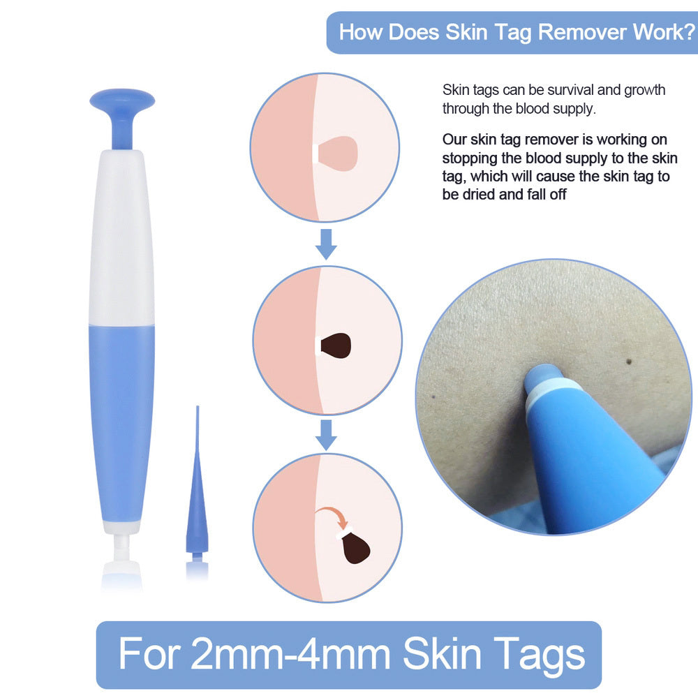 Skin tag remover with how-to work diagram and product details on a white background