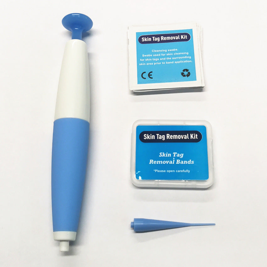 Skin tag removal kit with a blue and white device and packaging on a white background
