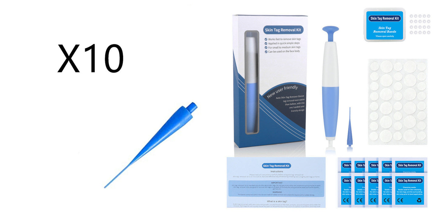 Blue tag remover kit with packaging and accessories on a white background