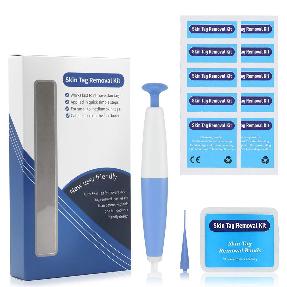 Skin tag removal kit with packaging, device, and bands on a white background