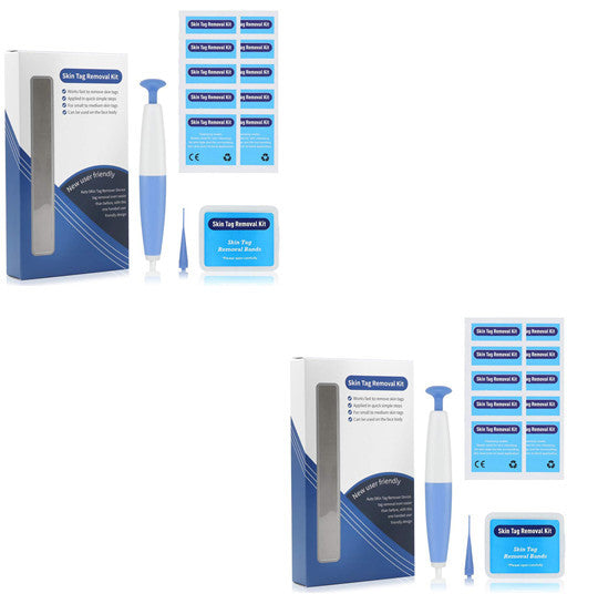 Skin tag removal kit with tools and packaging on a white background