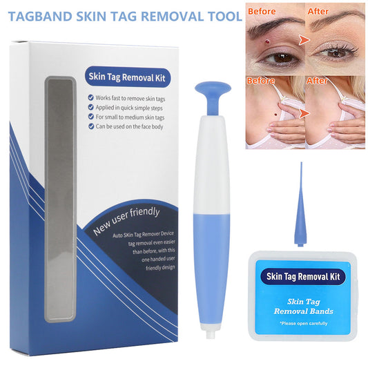 Skin tag removal tool with packaging and before/after images on a white background