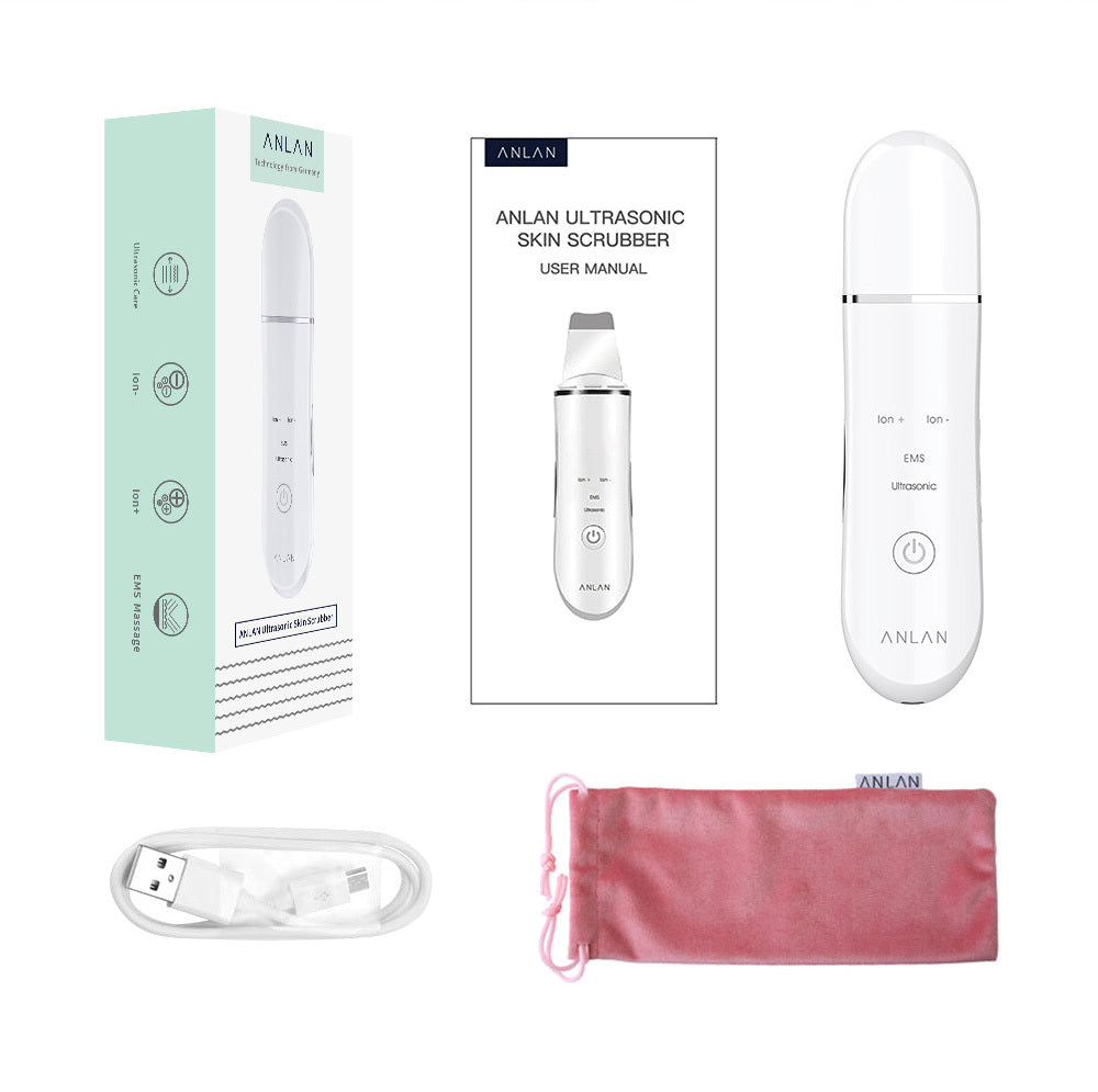 Anlan ultrasonic skin scrubber with packaging, user manual, USB cable, and carrying pouch on a white background.