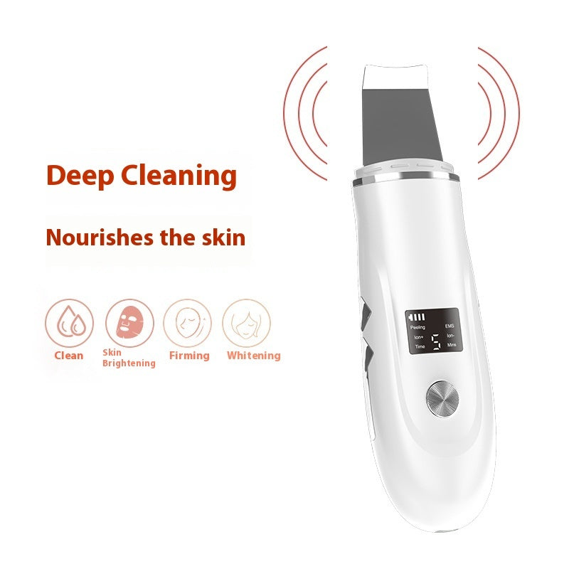 Skin care device with text indicating deep cleaning and skin benefits on a white background