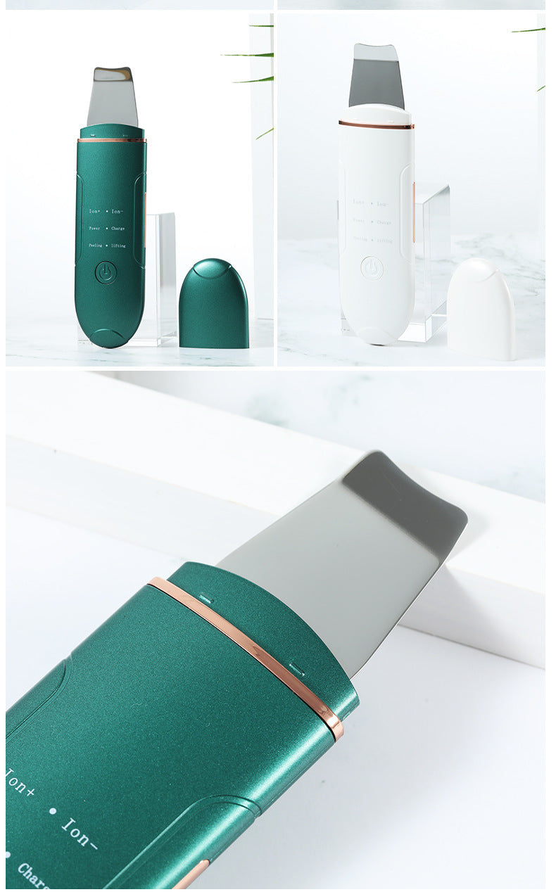 Green skincare device on a white surface with a blurred background