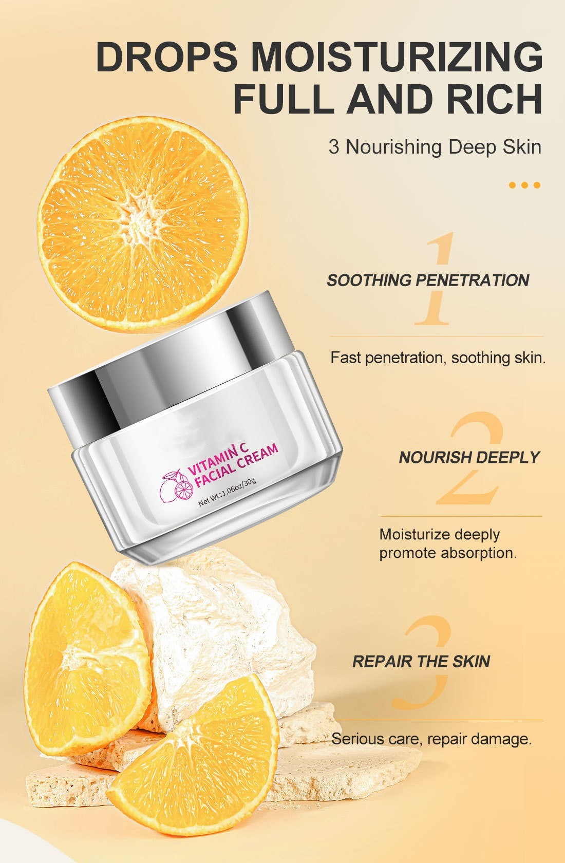 Vitamin C facial cream with orange slices on a beige background