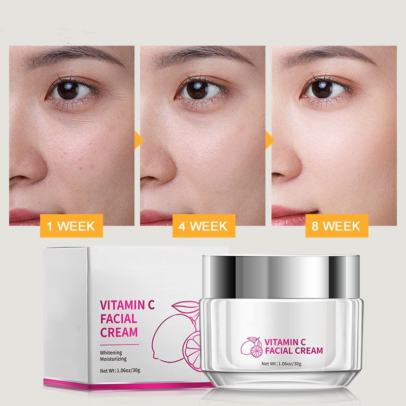 Vitamin C facial cream packaging with before and after effects on skin.